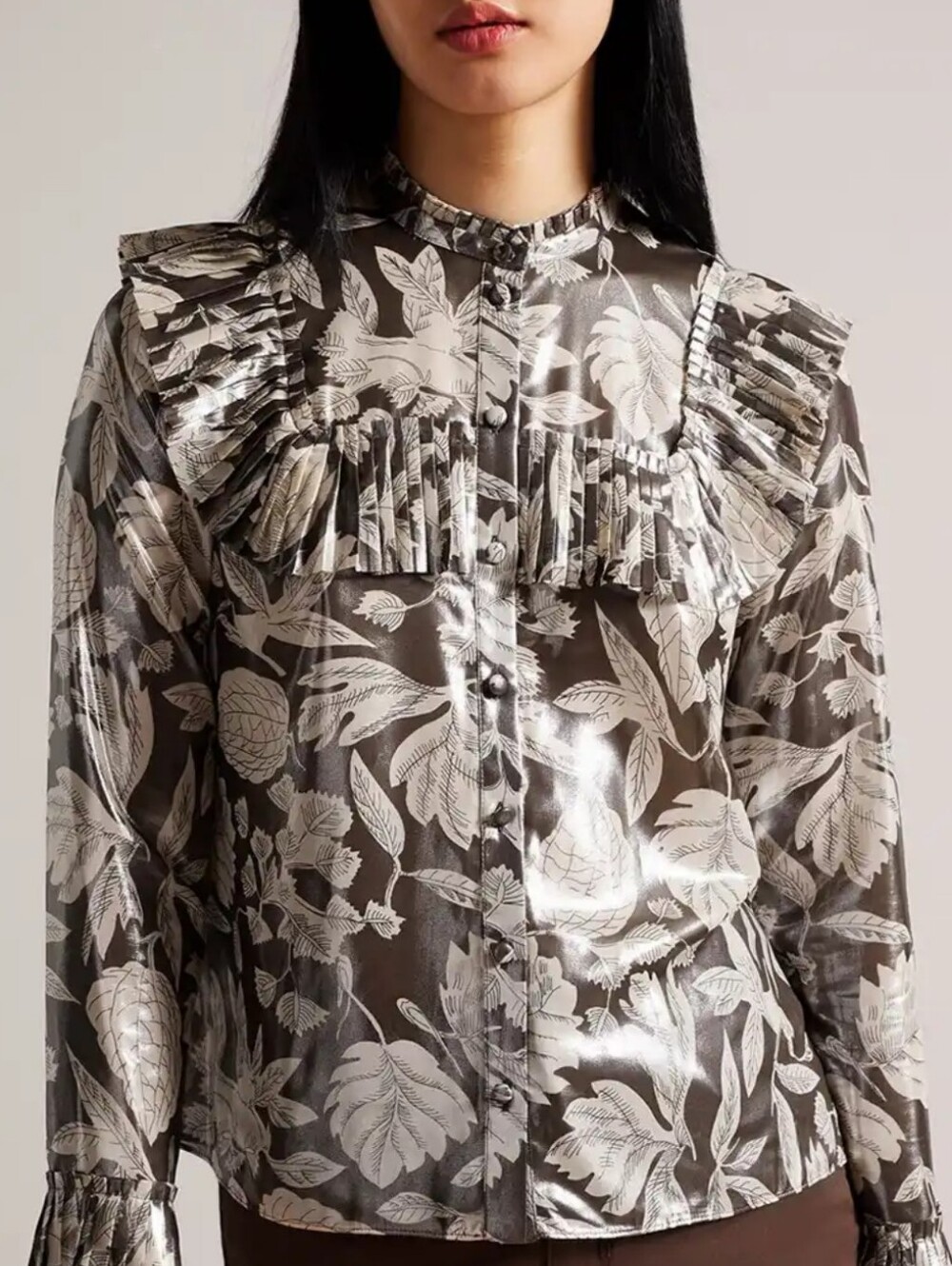 Ted Baker "Alyvia" Blouse Brown/Cream Floral Leaf Ruffle Metalic Sheen Sz8 NWOT
